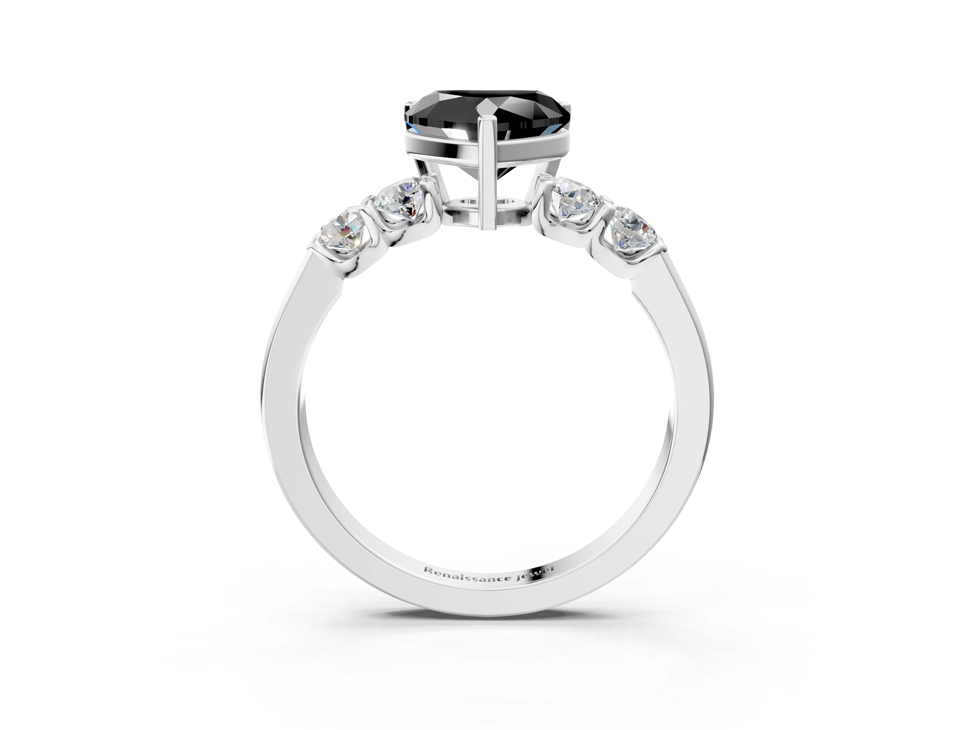 White gold Fancy Black Heart Cut Brilliant Diamond Five-Stone Engagement Ring with Prong Setting on a Classic Band_6
