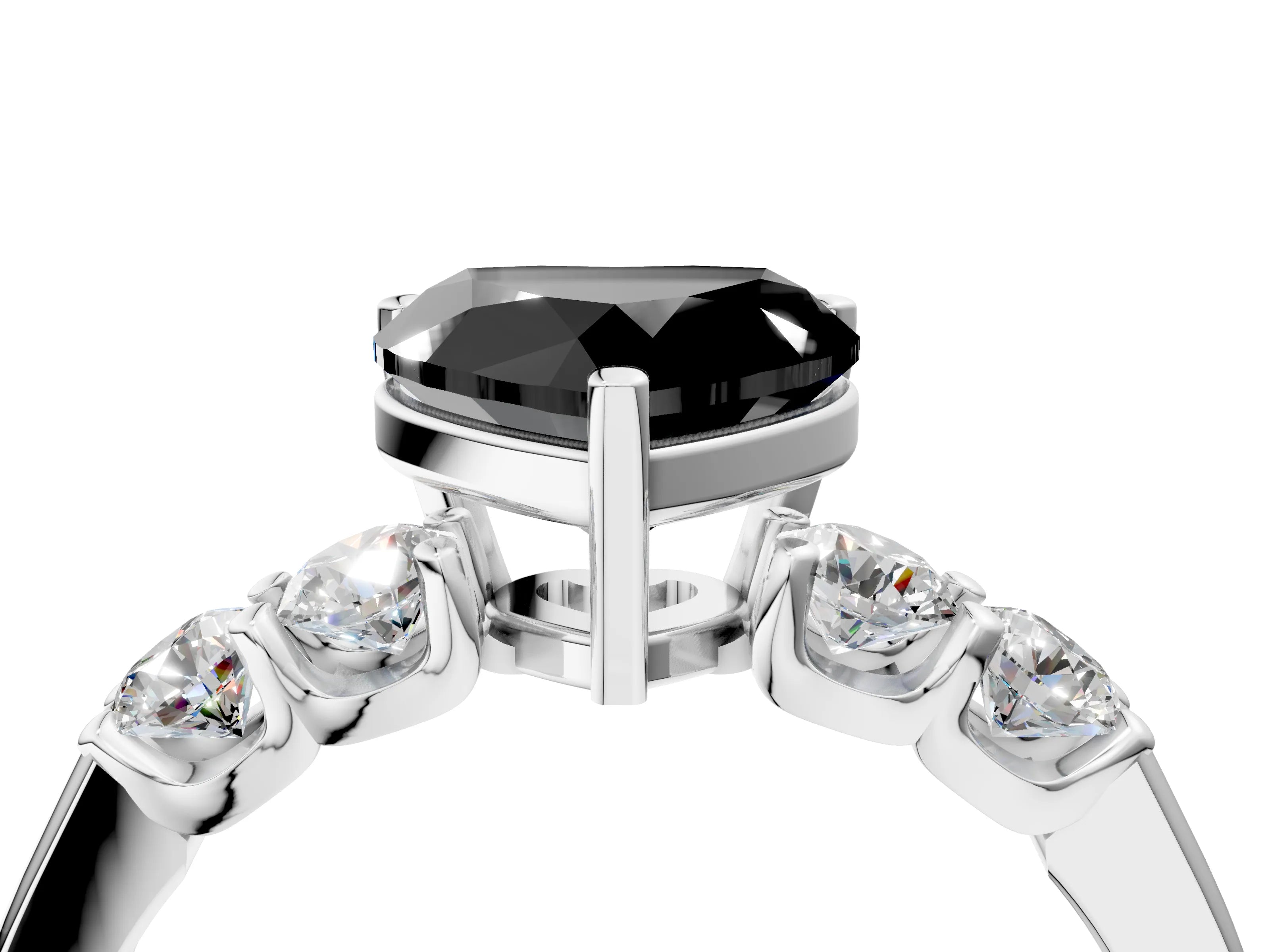 White gold Fancy Black Heart Cut Brilliant Diamond Five-Stone Engagement Ring with Prong Setting on a Classic Band_7