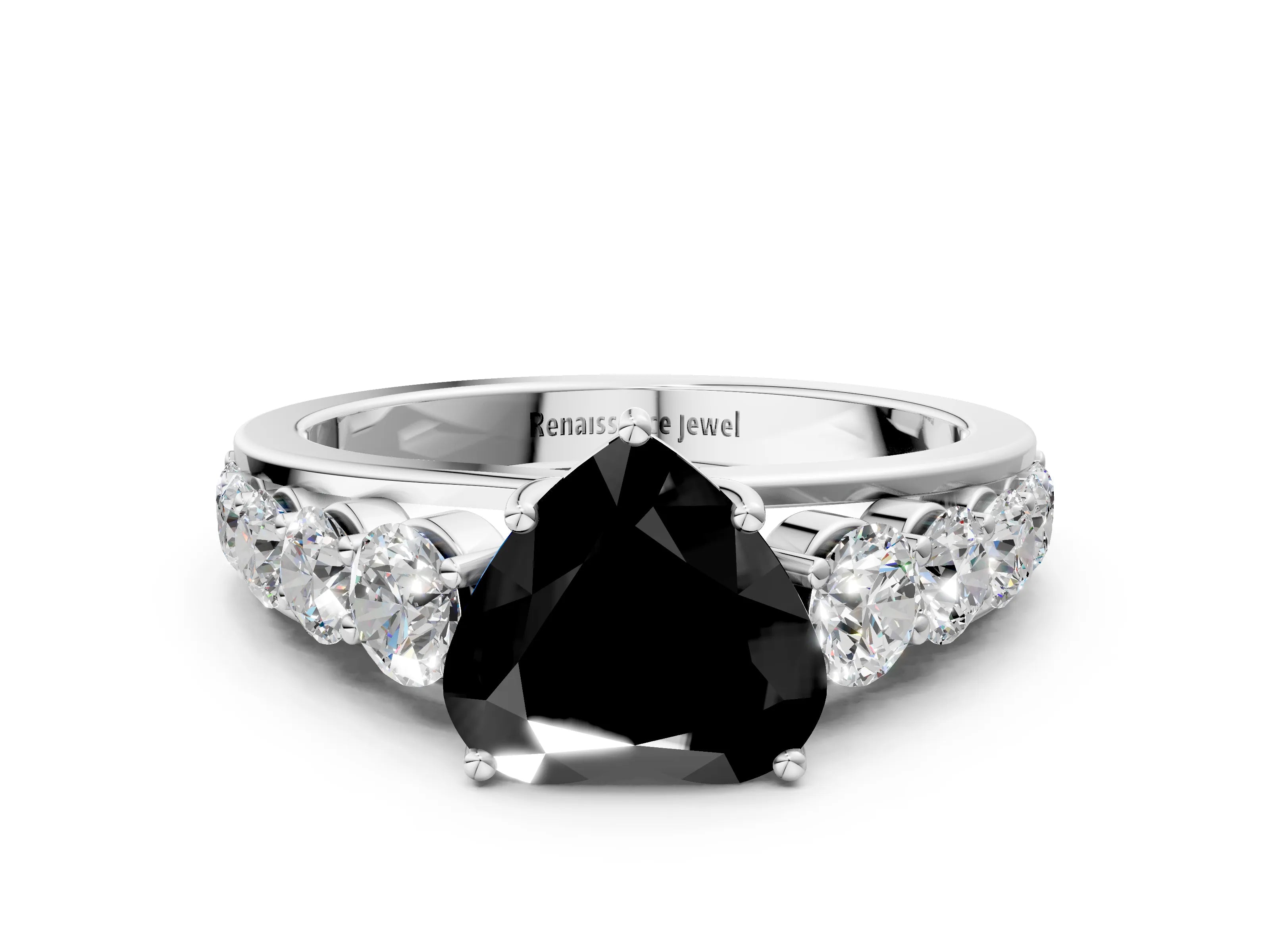 White gold Fancy Black Heart Cut Brilliant Diamond Pavé Band with Six-Prong Setting