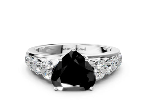 White gold Fancy Black Heart Cut Brilliant Diamond Pavé Band with Six-Prong Setting