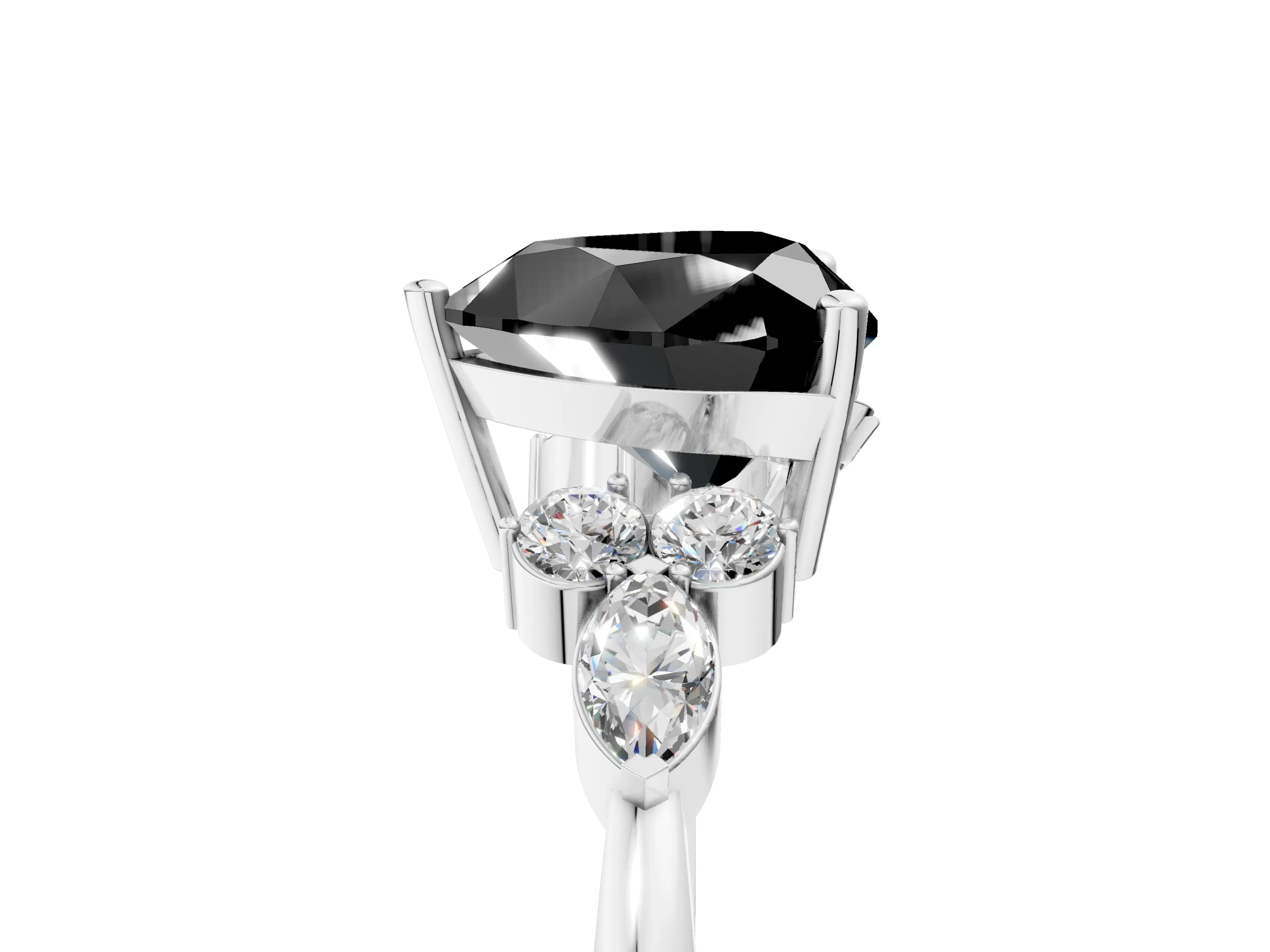 White gold Fancy Black Heart Cut Brilliant Diamond Solitaire Ring with Pear Side Stones and Four-Prong Setting_11