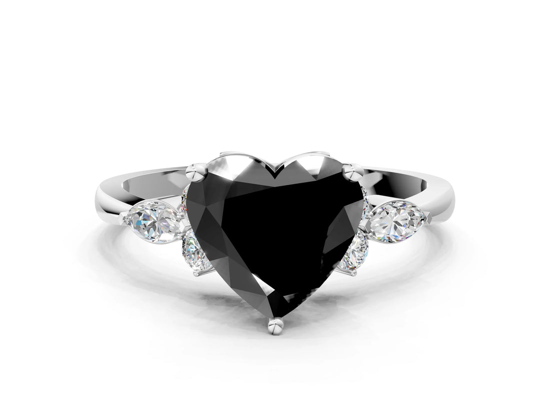 White gold Fancy Black Heart Cut Brilliant Diamond Solitaire Ring with Pear Side Stones and Four-Prong Setting_6