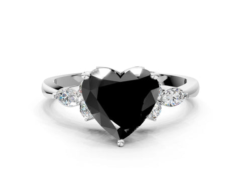 White gold Fancy Black Heart Cut Brilliant Diamond Solitaire Ring with Pear Side Stones and Four-Prong Setting_6