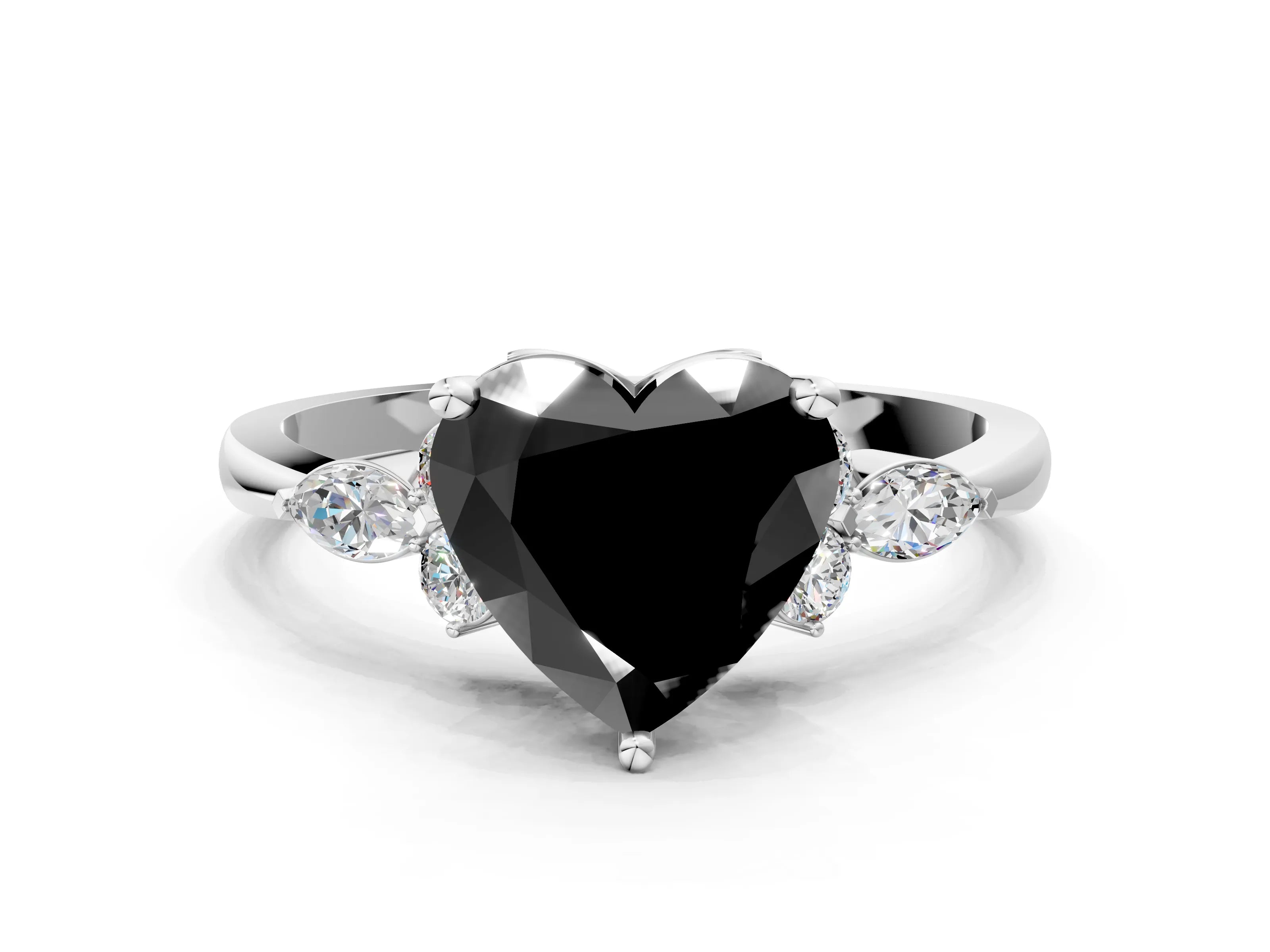 White gold Fancy Black Heart Cut Brilliant Diamond Solitaire Ring with Pear Side Stones and Four-Prong Setting_6