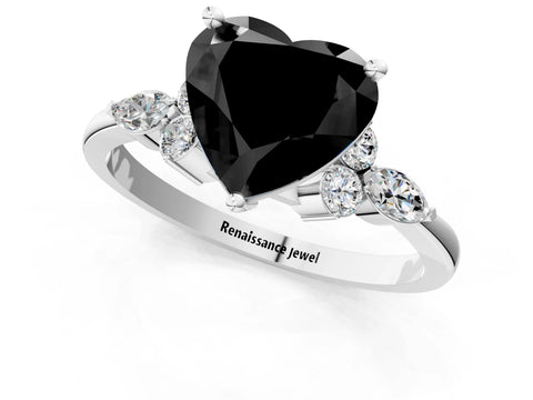 White gold Fancy Black Heart Cut Brilliant Diamond Solitaire Ring with Pear Side Stones and Four-Prong Setting_7