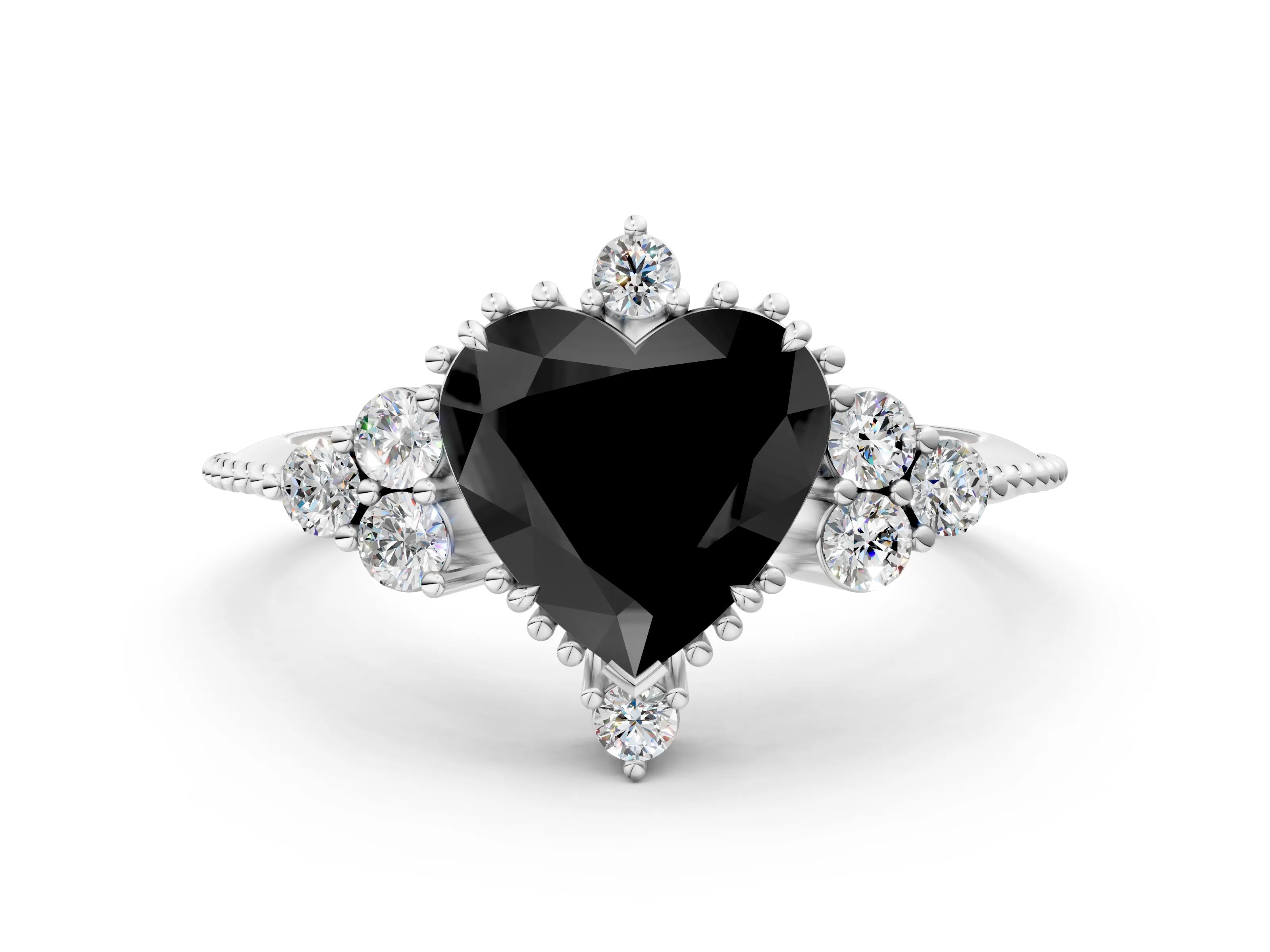 White gold Fancy Black Heart Cut Brilliant Diamond with Cluster Setting on a Beaded Band and Four-Prong Setting