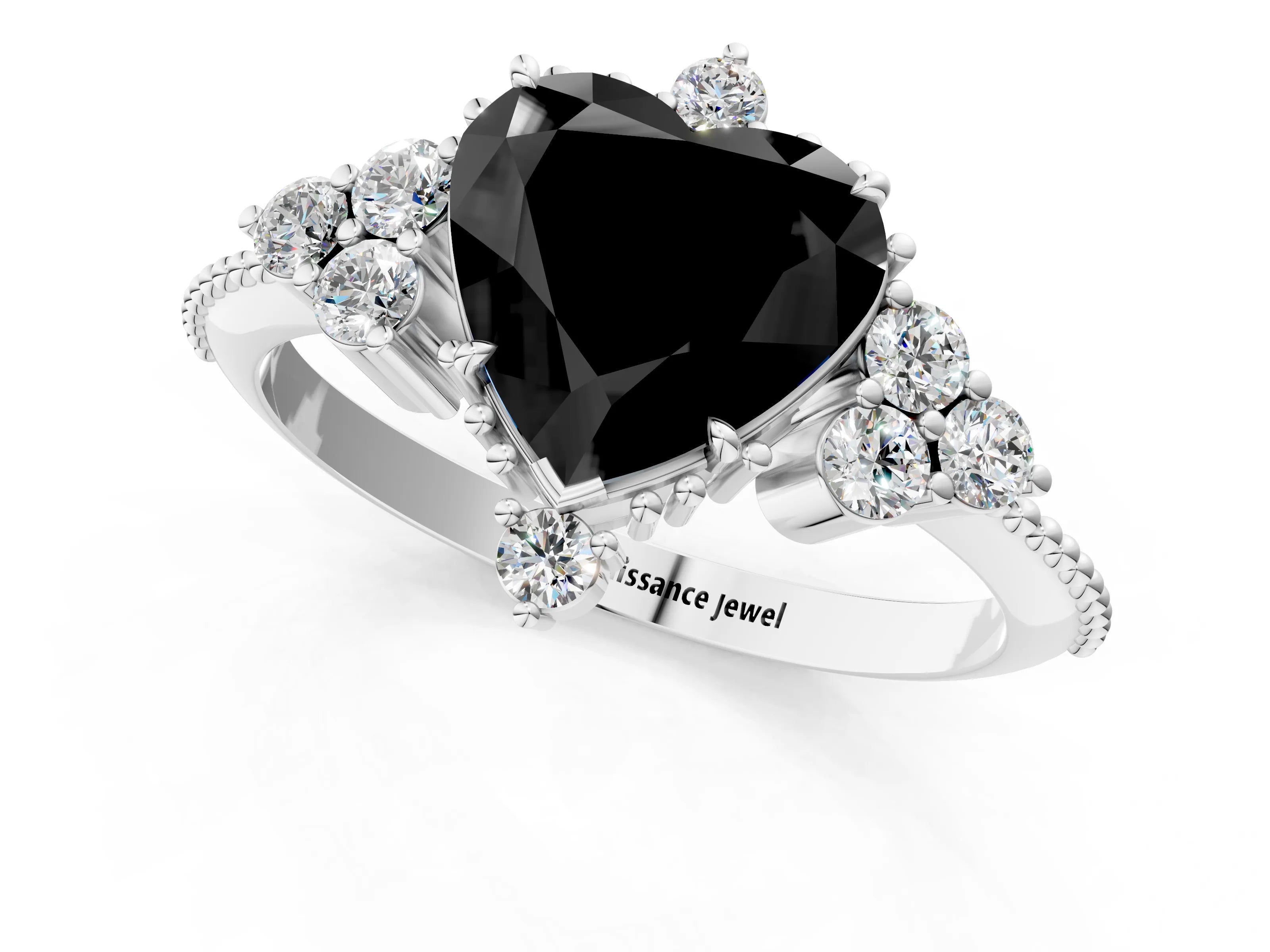 White gold Fancy Black Heart Cut Brilliant Diamond with Cluster Setting on a Beaded Band and Four-Prong Setting_1