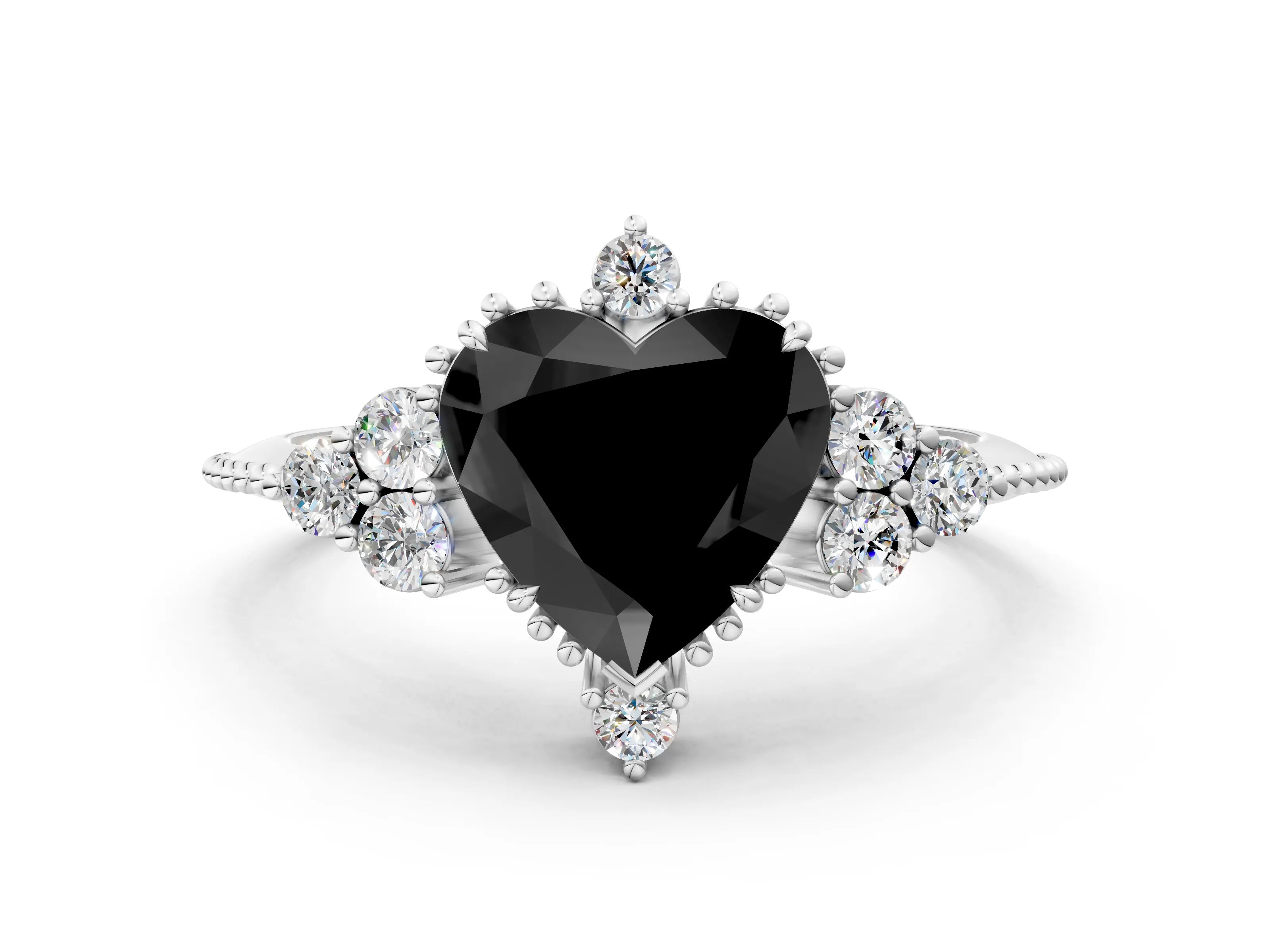 White gold Fancy Black Heart Cut Brilliant Diamond with Cluster Setting on a Beaded Band and Four-Prong Setting_12