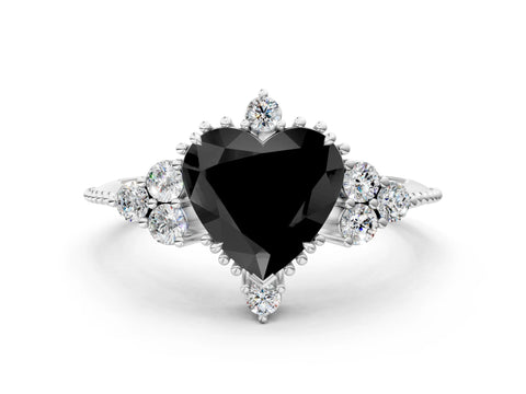 White gold Fancy Black Heart Cut Brilliant Diamond with Cluster Setting on a Beaded Band and Four-Prong Setting_12