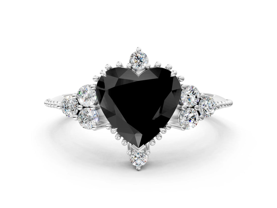 White gold Fancy Black Heart Cut Brilliant Diamond with Cluster Setting on a Beaded Band and Four-Prong Setting_16