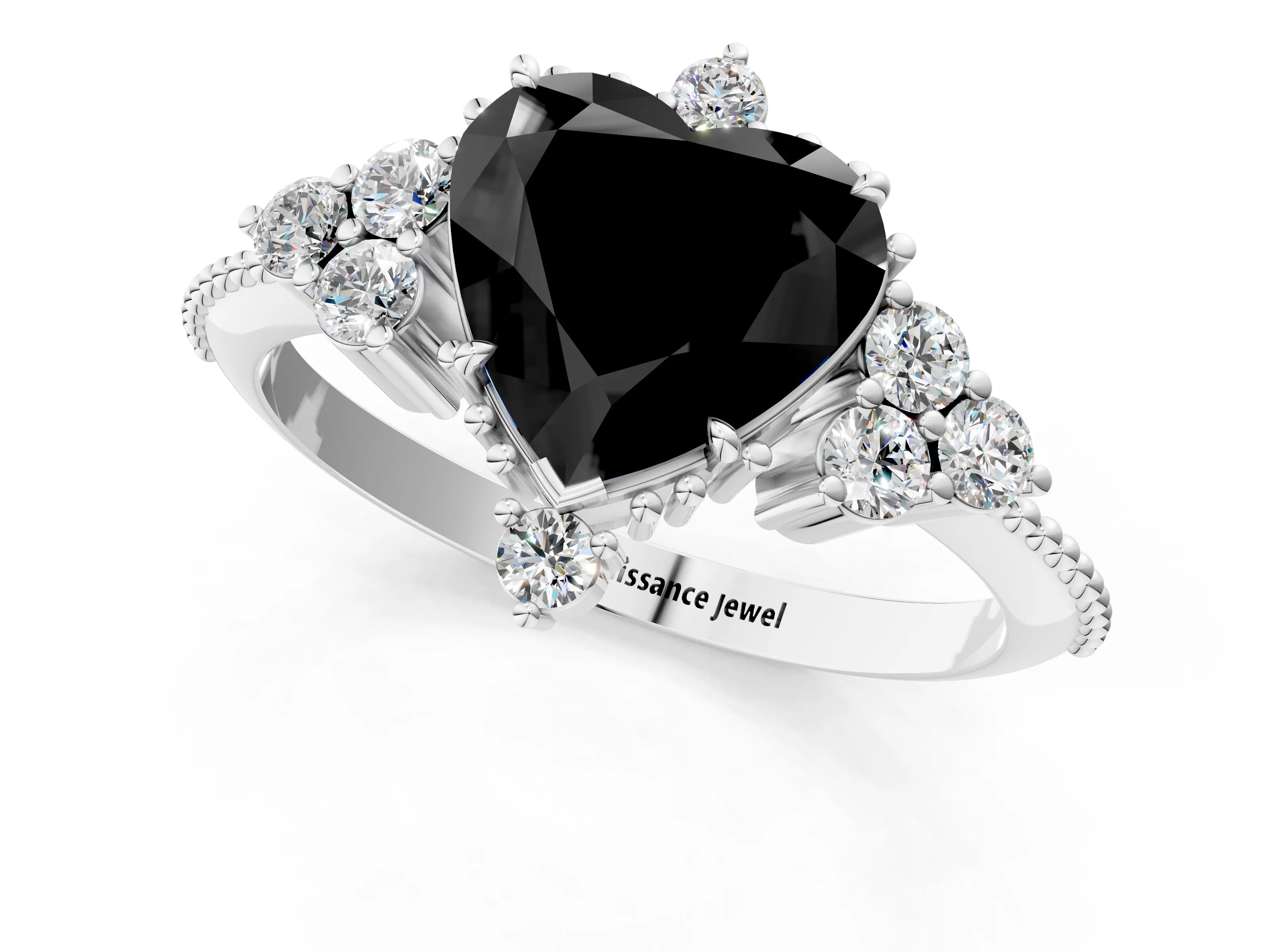 White gold Fancy Black Heart Cut Brilliant Diamond with Cluster Setting on a Beaded Band and Four-Prong Setting_17