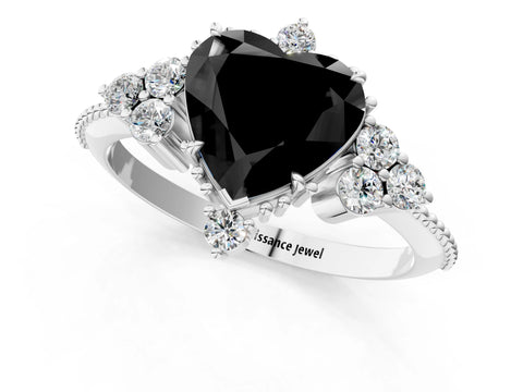 White gold Fancy Black Heart Cut Brilliant Diamond with Cluster Setting on a Beaded Band and Four-Prong Setting_1