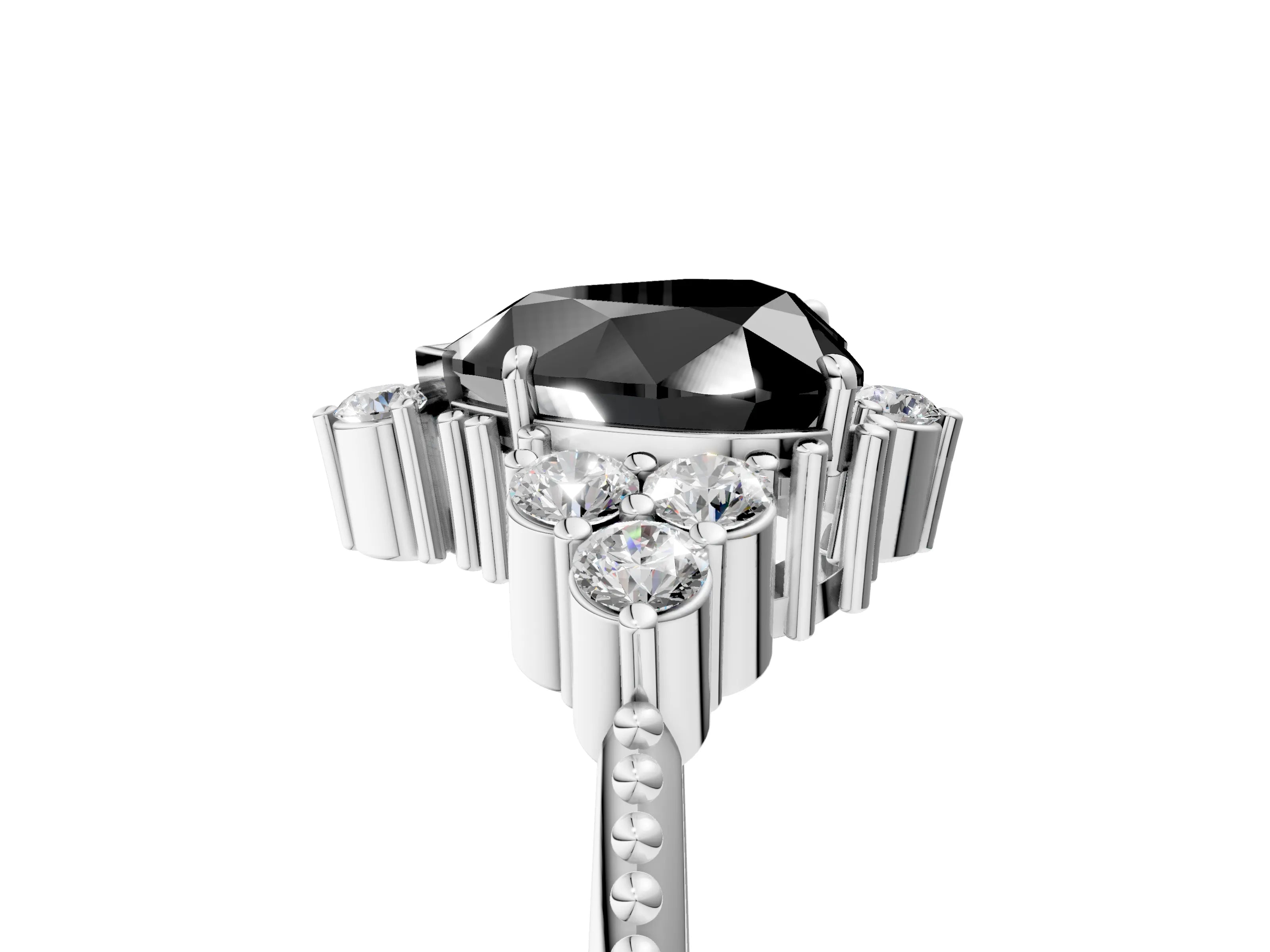 White gold Fancy Black Heart Cut Brilliant Diamond with Cluster Setting on a Beaded Band and Four-Prong Setting_21