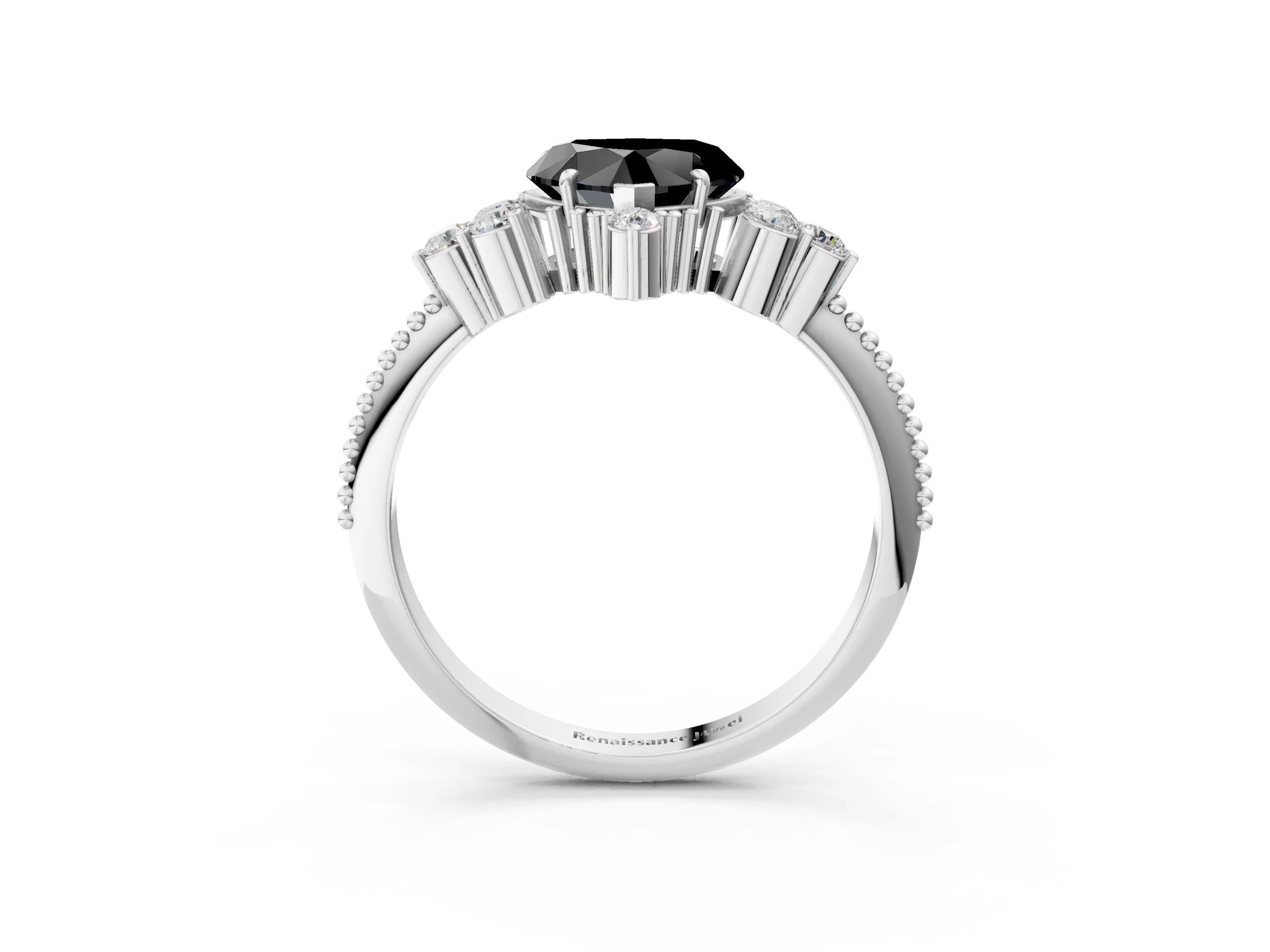 White gold Fancy Black Heart Cut Brilliant Diamond with Cluster Setting on a Beaded Band and Four-Prong Setting_3