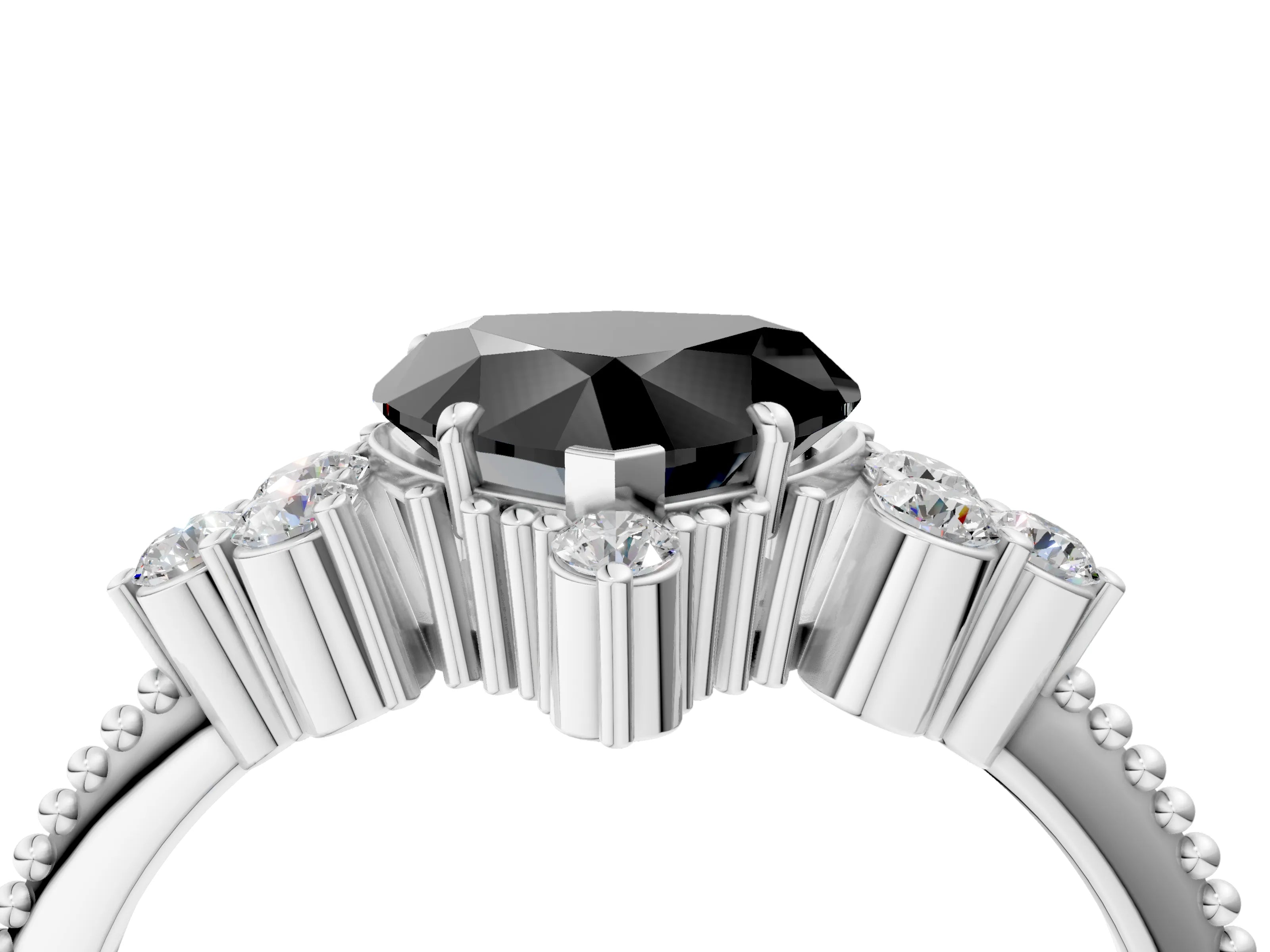 White gold Fancy Black Heart Cut Brilliant Diamond with Cluster Setting on a Beaded Band and Four-Prong Setting_4