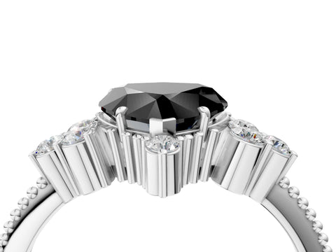 White gold Fancy Black Heart Cut Brilliant Diamond with Cluster Setting on a Beaded Band and Four-Prong Setting_4