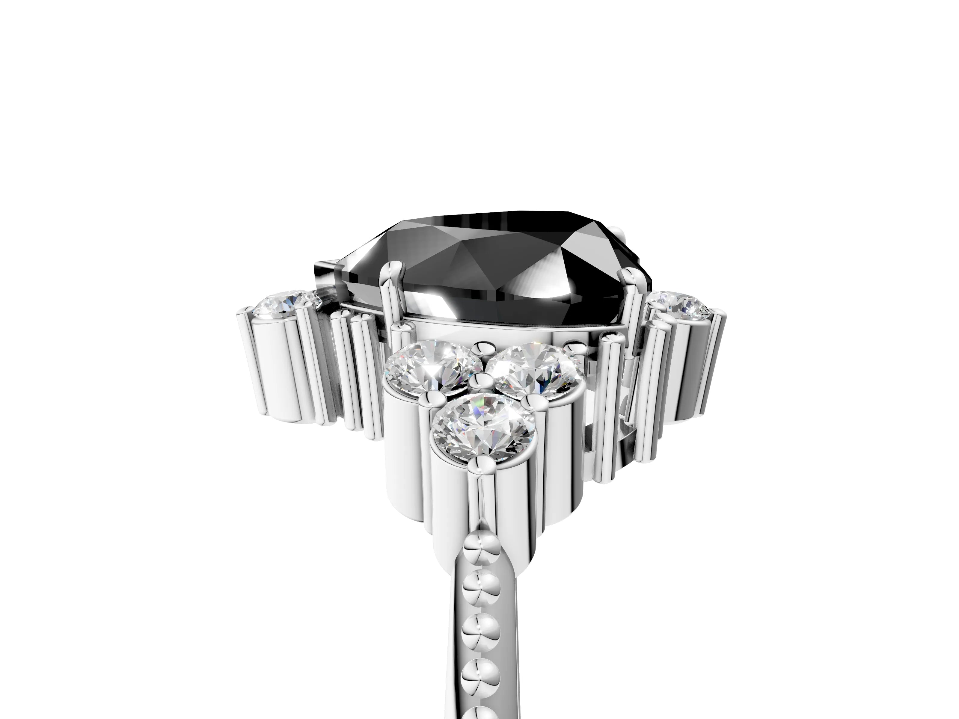 White gold Fancy Black Heart Cut Brilliant Diamond with Cluster Setting on a Beaded Band and Four-Prong Setting_5