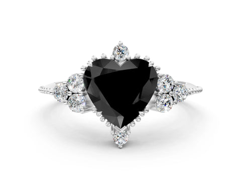 White gold Fancy Black Heart Cut Brilliant Diamond with Cluster Setting on a Beaded Band and Four-Prong Setting
