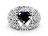 White gold Fancy Black Heart Cut Brilliant Halo Pave Diamond Milgrain Ring
