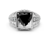 White gold Fancy Black Heart Cut Brilliant Milgrain Filigree Diamond Ring with Square Prong Setting