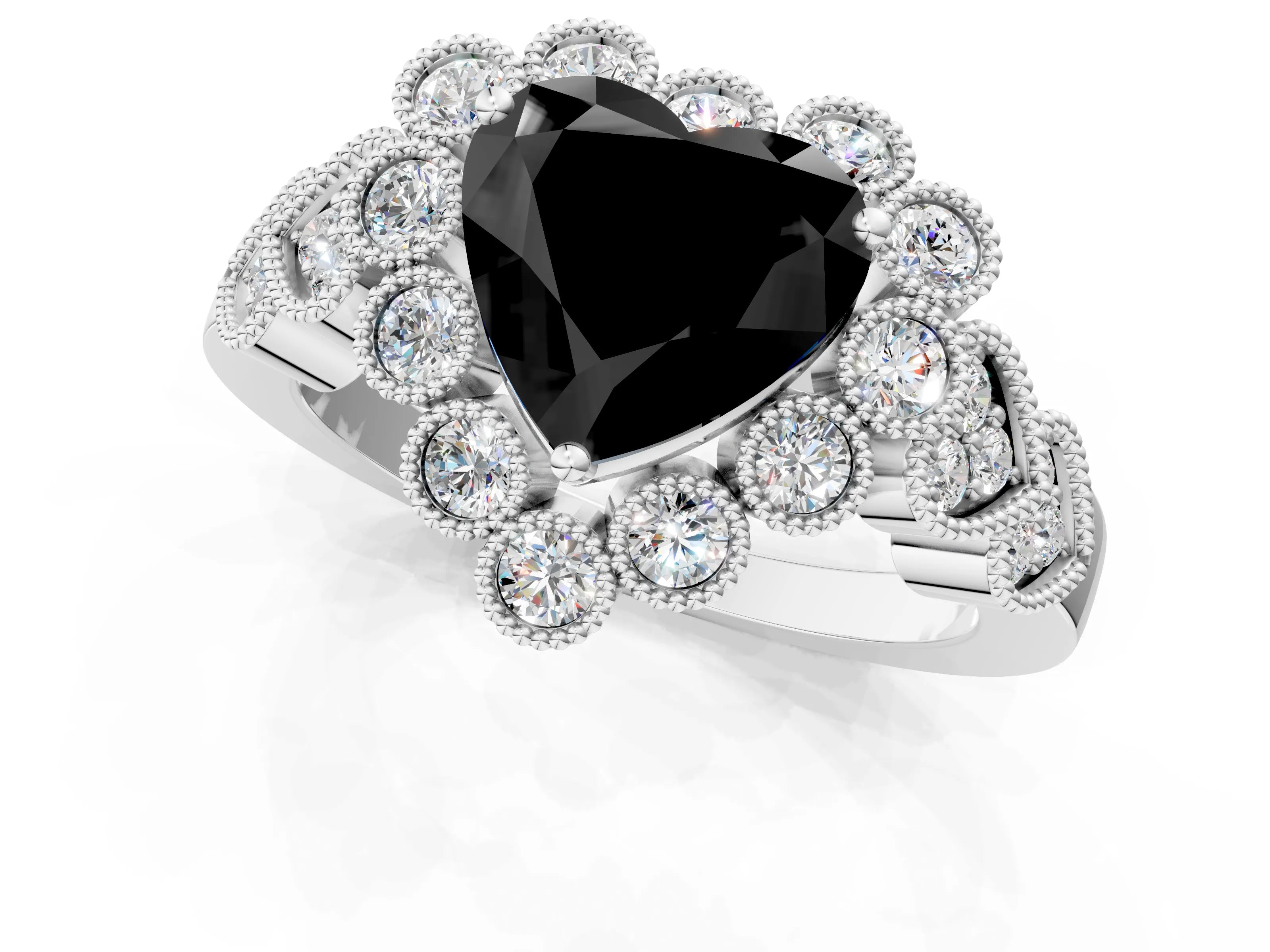 White gold Fancy Black Heart Cut Brilliant Milgrain Pave Heart Band Solitaire Ring_1