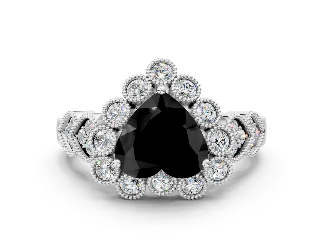 White gold Fancy Black Heart Cut Brilliant Milgrain Pave Heart Band Solitaire Ring_23