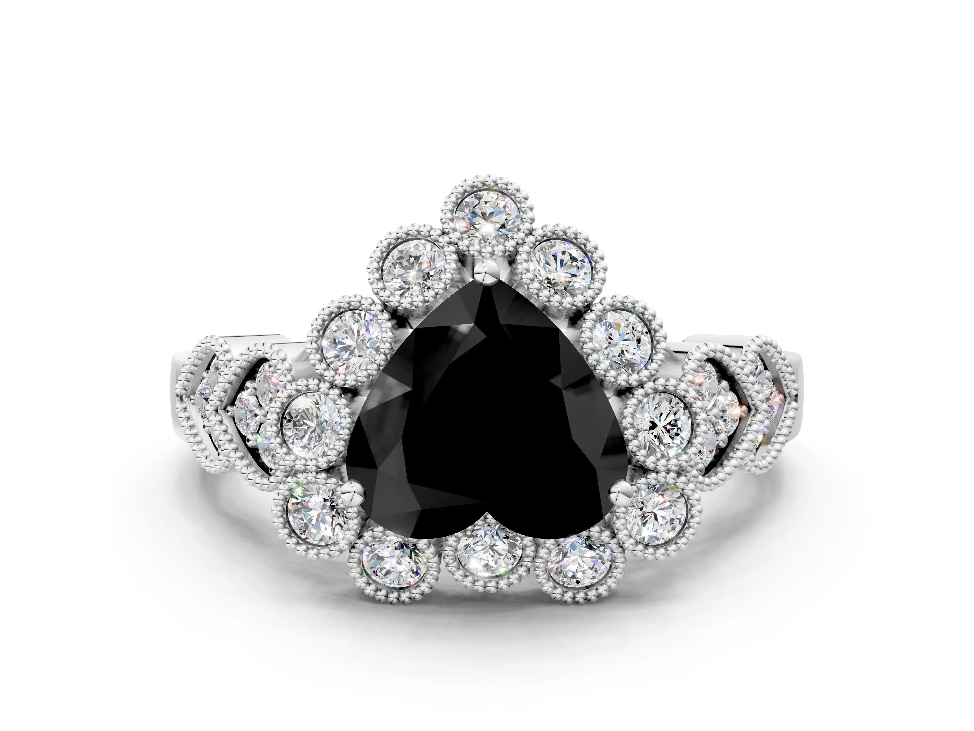 White gold Fancy Black Heart Cut Brilliant Milgrain Pave Heart Band Solitaire Ring_24