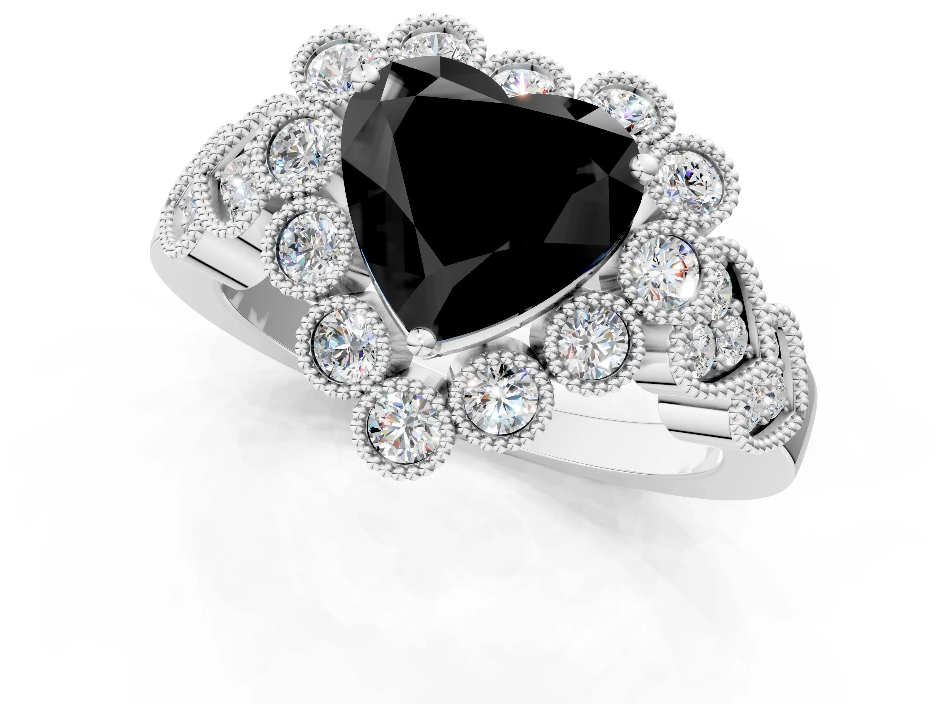 White gold Fancy Black Heart Cut Brilliant Milgrain Pave Heart Band Solitaire Ring_25