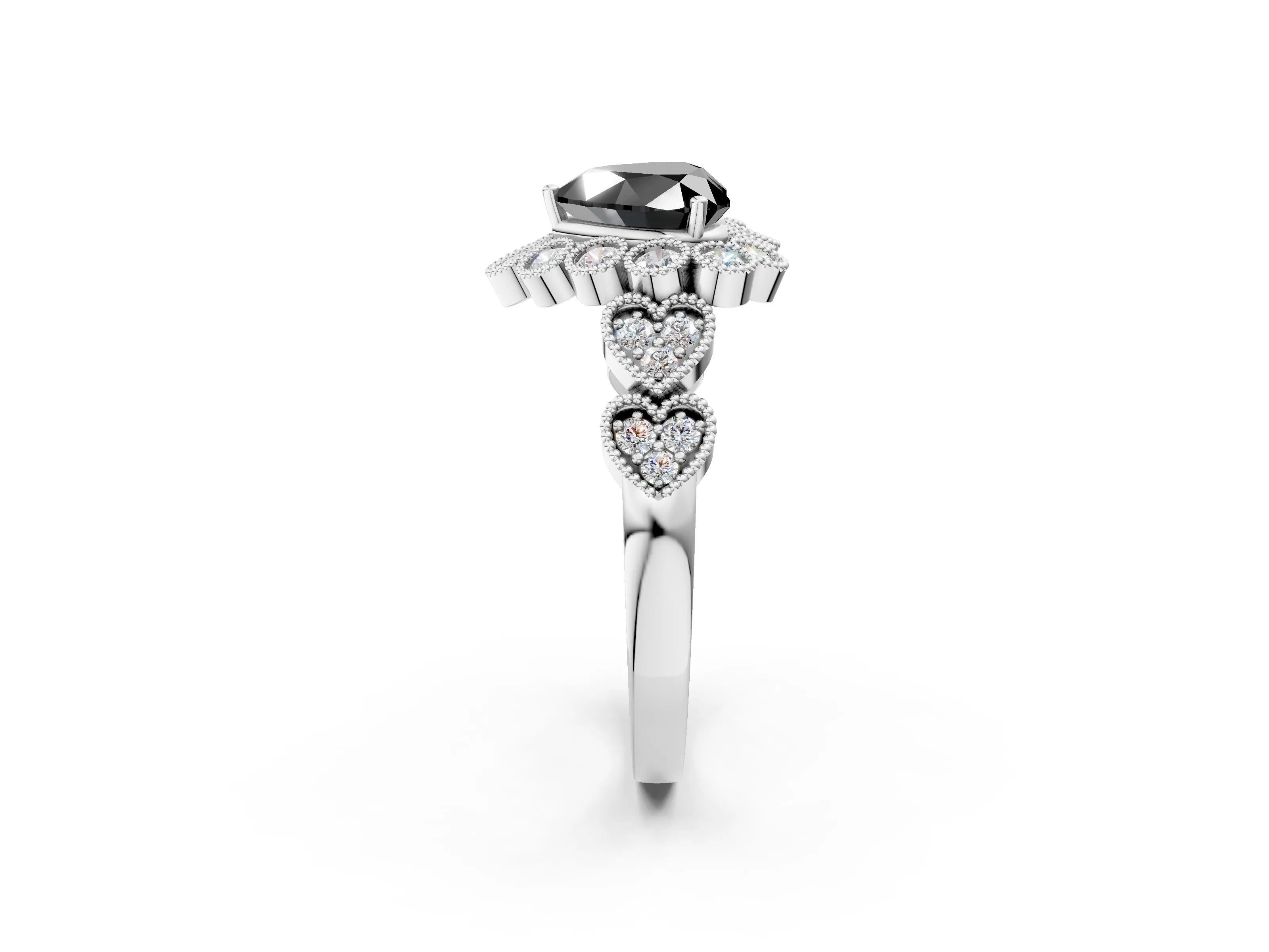 White gold Fancy Black Heart Cut Brilliant Milgrain Pave Heart Band Solitaire Ring_26