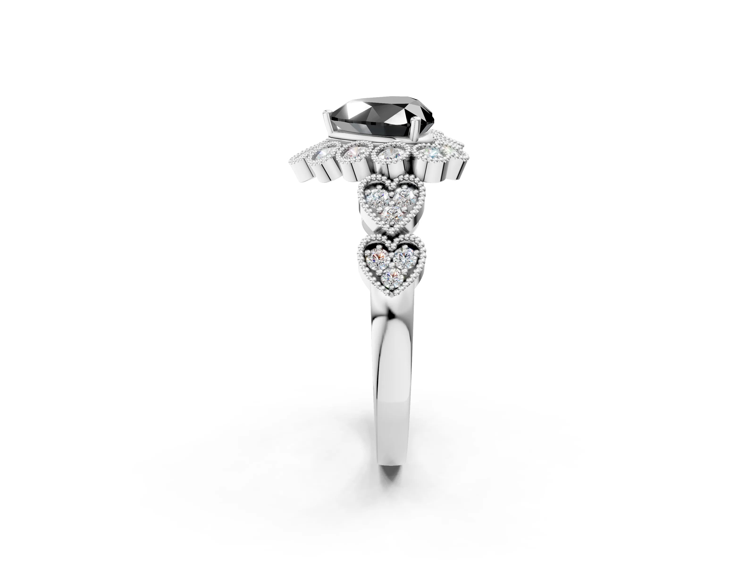 White gold Fancy Black Heart Cut Brilliant Milgrain Pave Heart Band Solitaire Ring_2