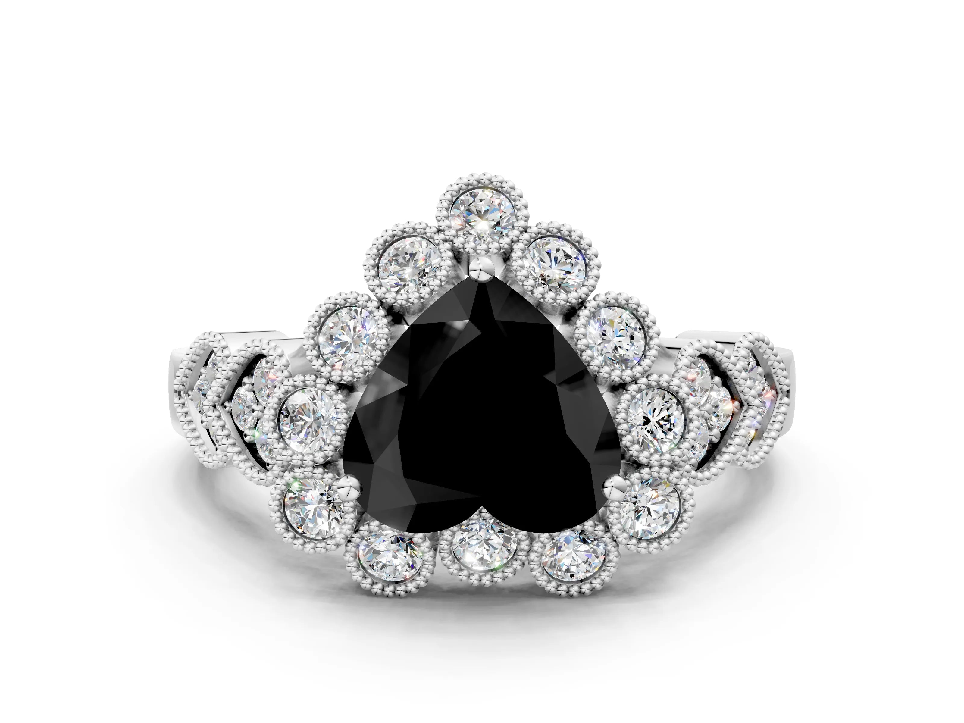 White gold Fancy Black Heart Cut Brilliant Milgrain Pave Heart Band Solitaire Ring_36