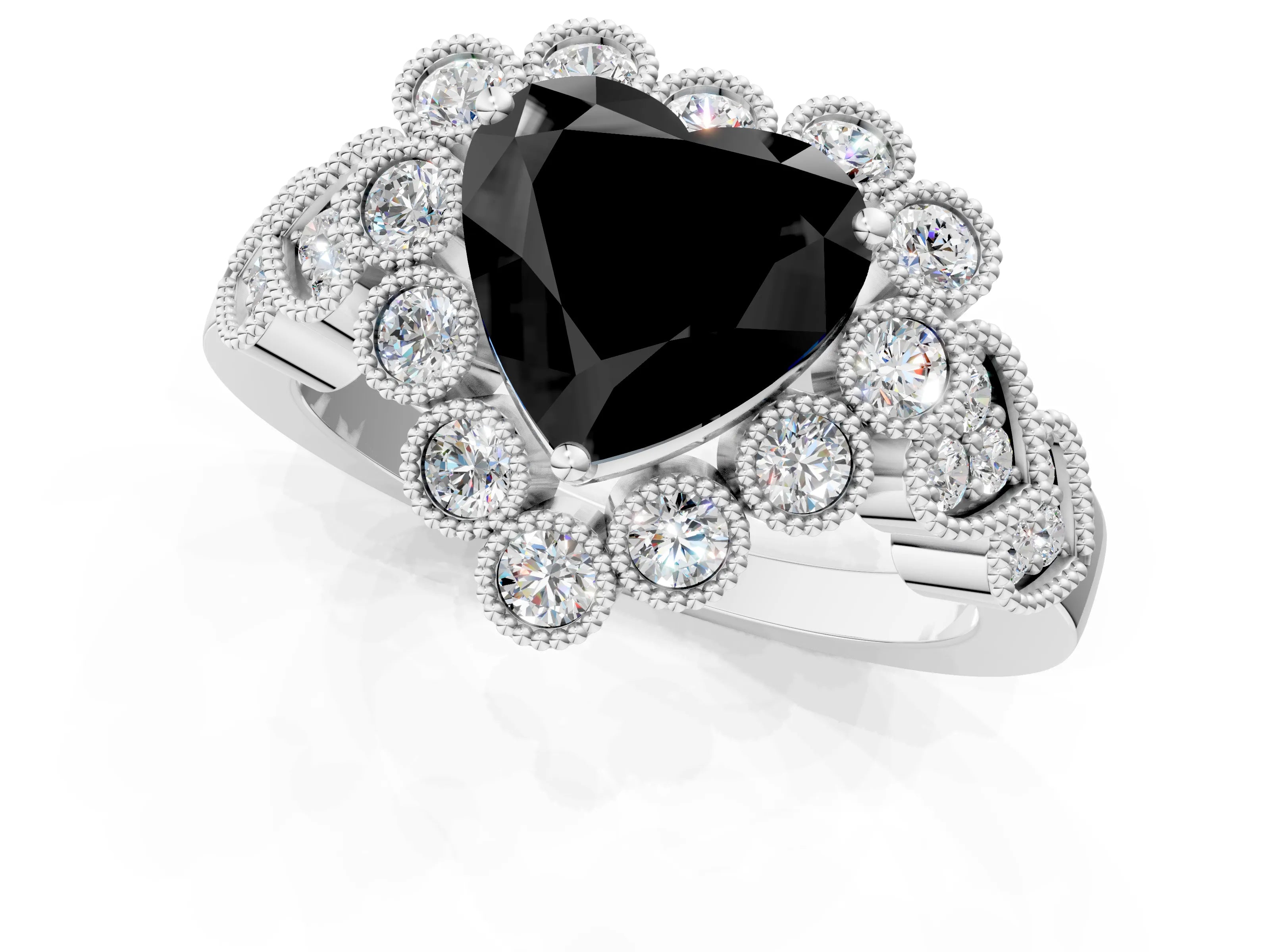 White gold Fancy Black Heart Cut Brilliant Milgrain Pave Heart Band Solitaire Ring_37