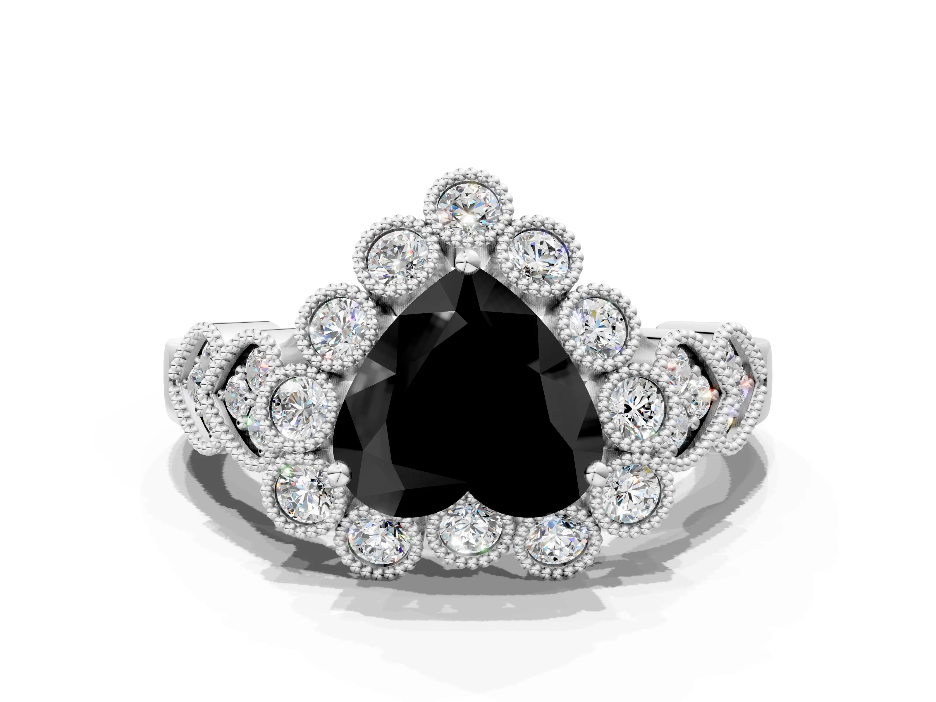 White gold Fancy Black Heart Cut Brilliant Milgrain Pave Heart Band Solitaire Ring