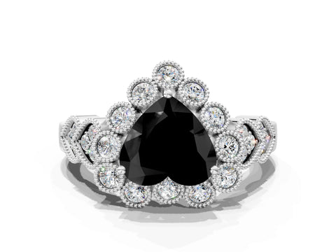 White gold Fancy Black Heart Cut Brilliant Milgrain Pave Heart Band Solitaire Ring