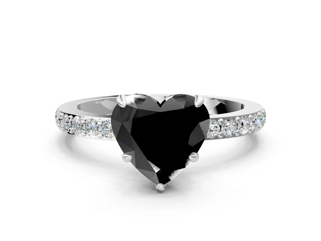 White gold Fancy Black Heart Cut Brilliant Pavé Band Solitaire with Four-Prong Setting