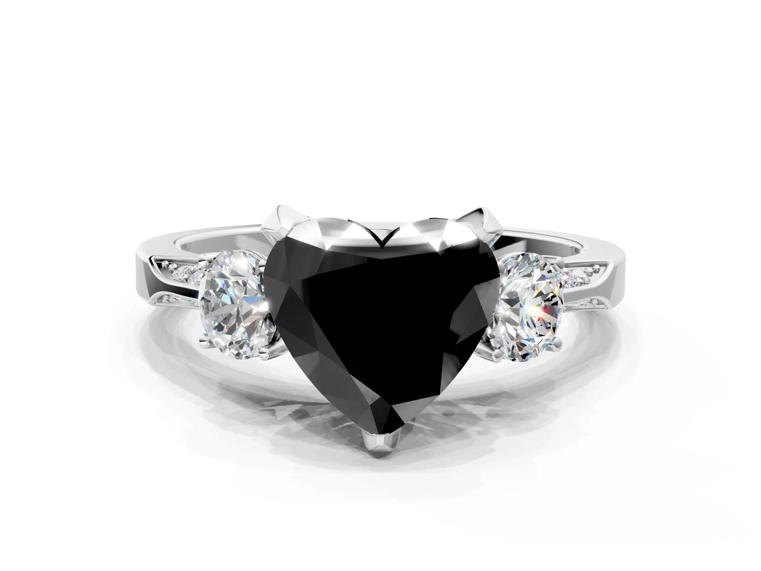 White gold Fancy Black Heart Cut Brilliant Three-Stone Diamond Ring with Pavé Band and Four-Prong Setting_15