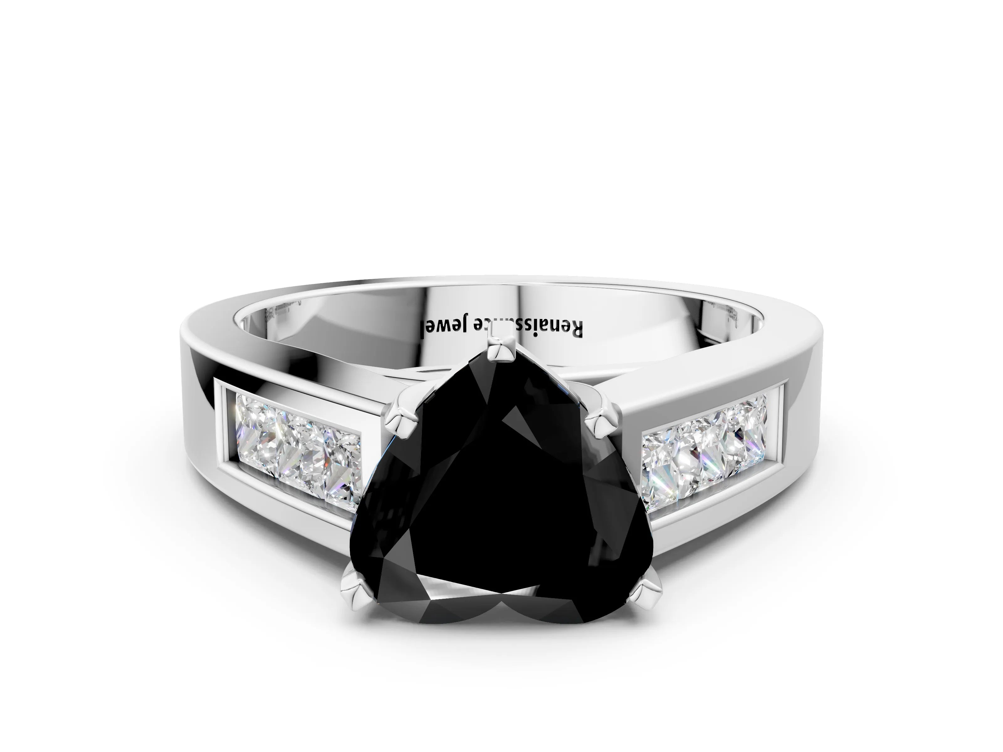White gold Fancy Black Heart Cut Cut Channel Set Solitaire Ring with Four-Prong Setting