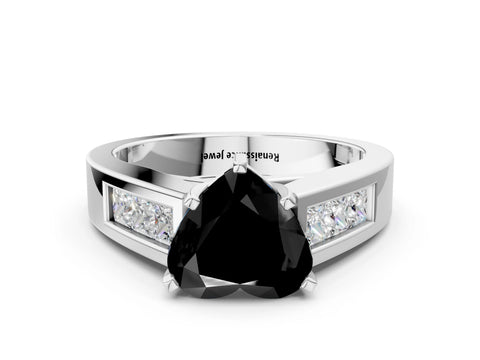 White gold Fancy Black Heart Cut Cut Channel Set Solitaire Ring with Four-Prong Setting