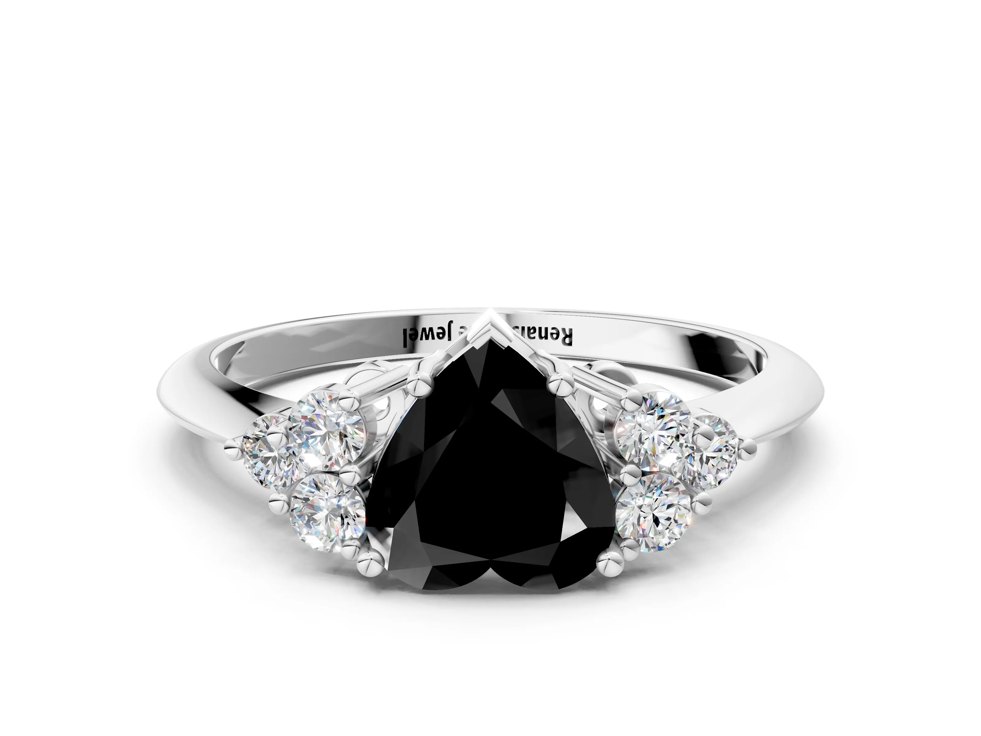 White gold Fancy Black Heart Cut Cut Diamond Cluster Ring with Solitaire Band and Four-Prong Setting