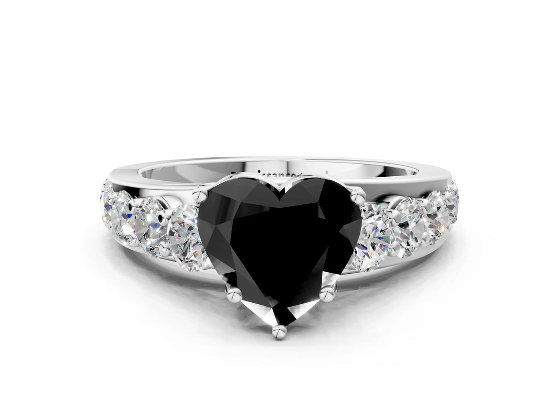 White gold Fancy Black Heart Cut Cut Diamond Engagement Ring with Pavé Band and Four-Prong Setting