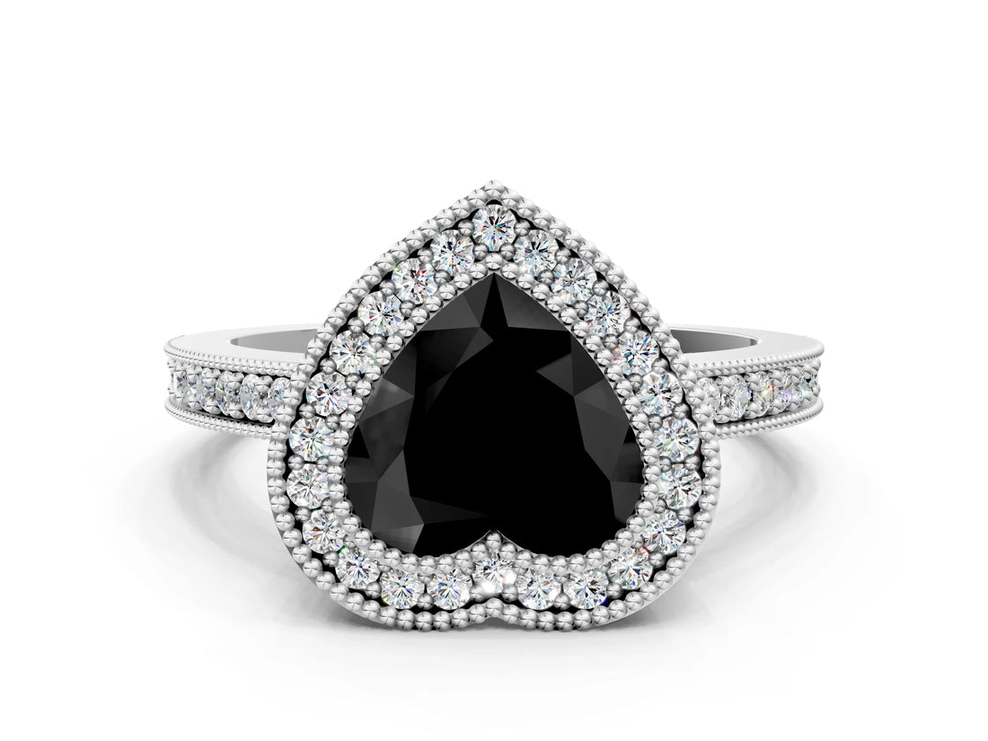 White gold Fancy Black Heart Cut-Cut Diamond Halo Engagement Ring with Pave Band and Prong Setting