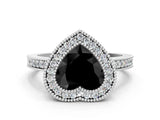 White gold Fancy Black Heart Cut-Cut Diamond Halo Engagement Ring with Pave Band and Prong Setting