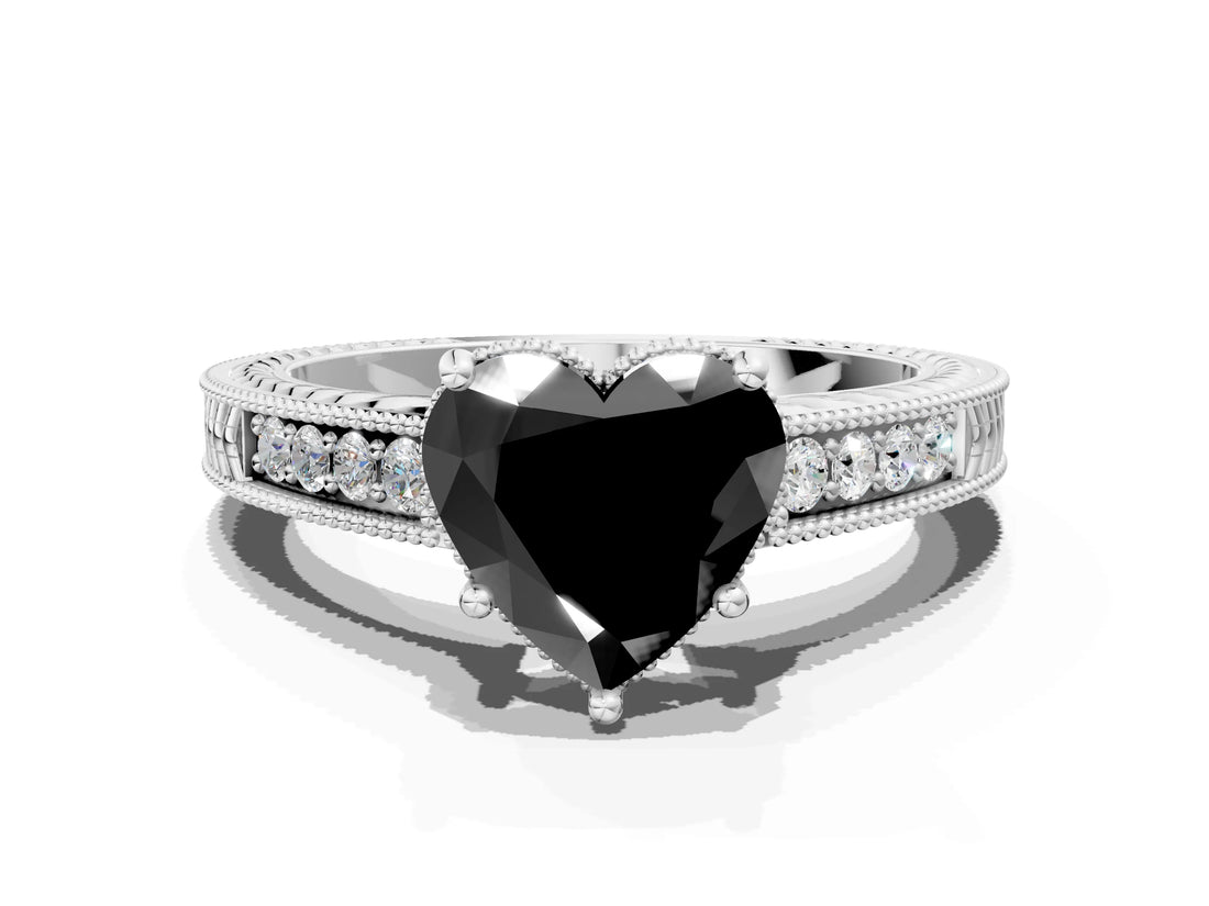 White gold Fancy Black Heart Cut Cut Diamond Milgrain Pave Band Four-Prong Setting Ring_3