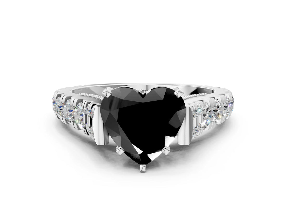 White gold Fancy Black Heart Cut Cut Diamond Pavé Band Solitaire with Four-Prong Setting