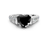 White gold Fancy Black Heart Cut Cut Diamond Pavé Band Solitaire with Four-Prong Setting