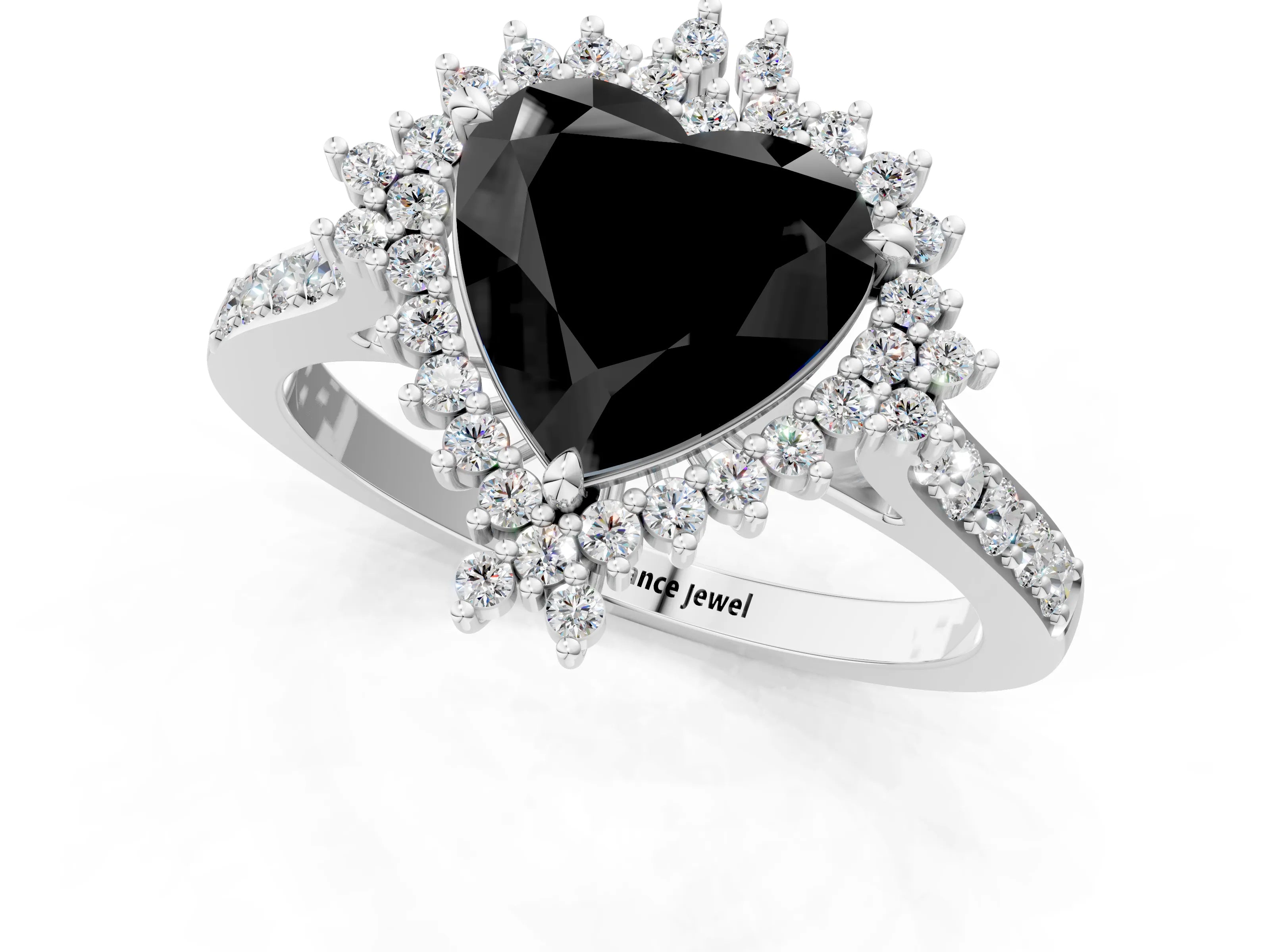 White gold Fancy Black Heart Cut Cut Diamond Sunburst Halo Engagement Ring with Pavé Band_13