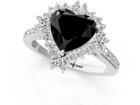 White gold Fancy Black Heart Cut Cut Diamond Sunburst Halo Engagement Ring with Pavé Band_13