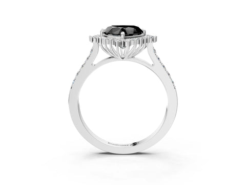 White gold Fancy Black Heart Cut Cut Diamond Sunburst Halo Engagement Ring with Pavé Band_15