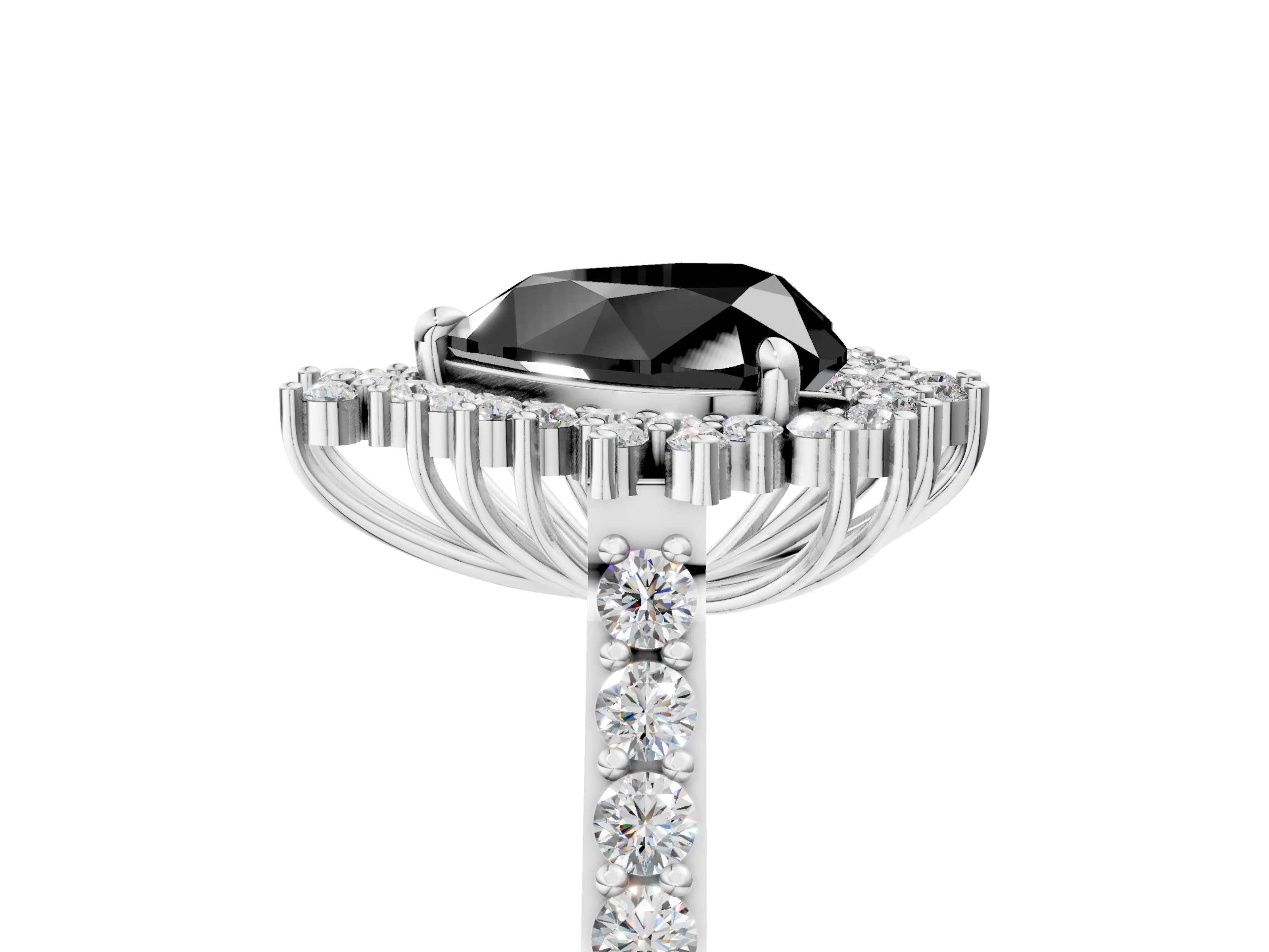 White gold Fancy Black Heart Cut Cut Diamond Sunburst Halo Engagement Ring with Pavé Band_17