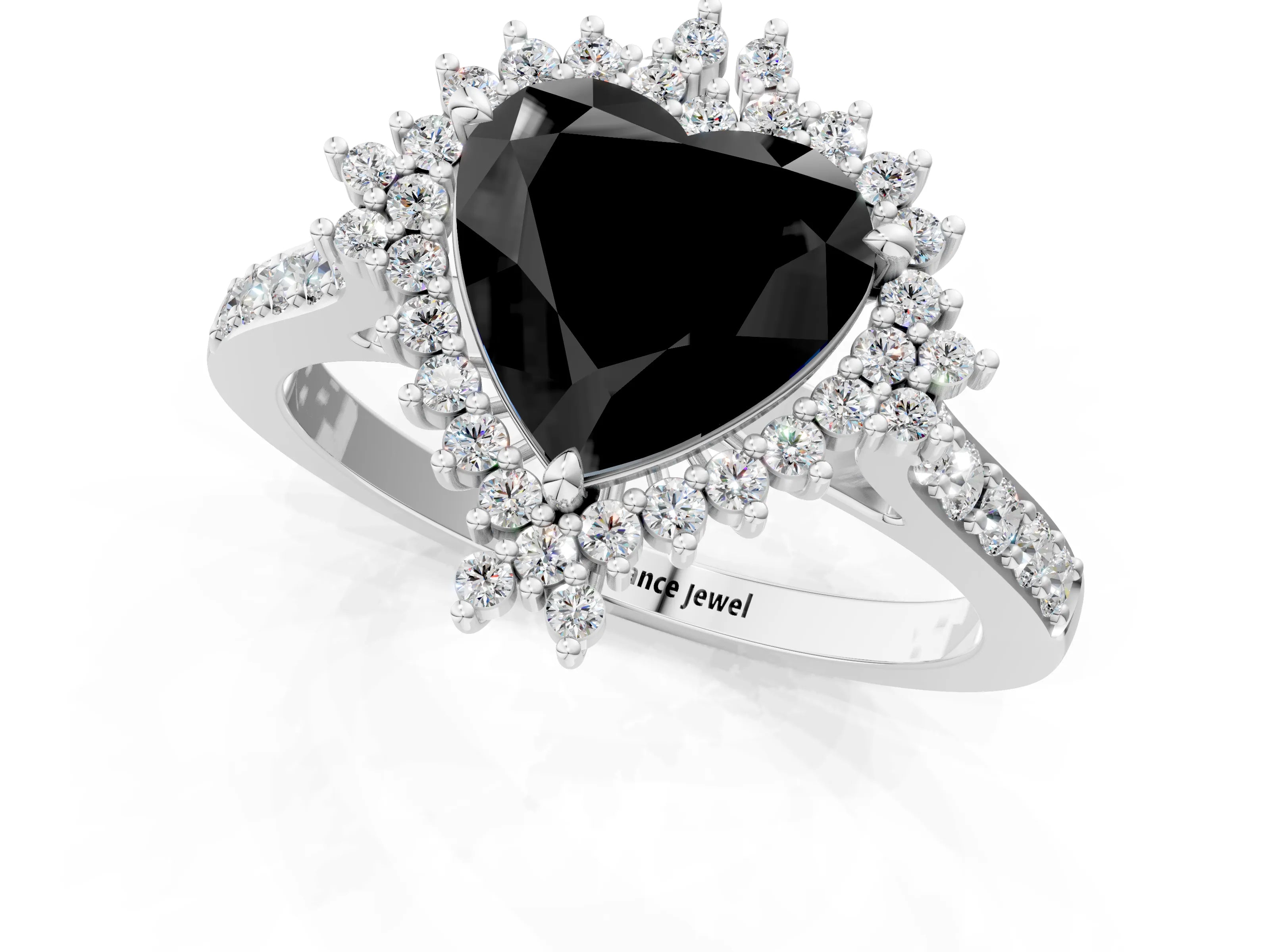 White gold Fancy Black Heart Cut Cut Diamond Sunburst Halo Engagement Ring with Pavé Band_1